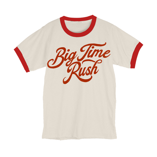 Ringer style ivory T-shirt with 'Big Time Rush' graphic design and red trim.