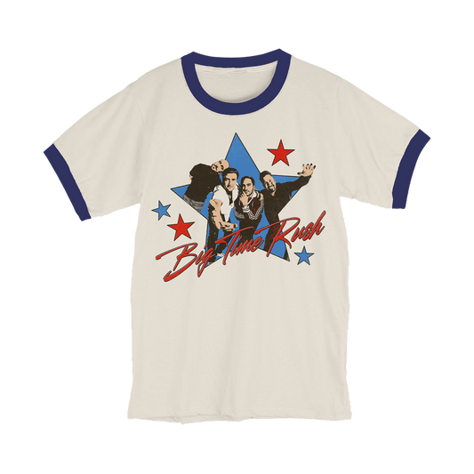 Ringer style ivory T-shirt with 'Big Time Rush' graphic design and blue trim.